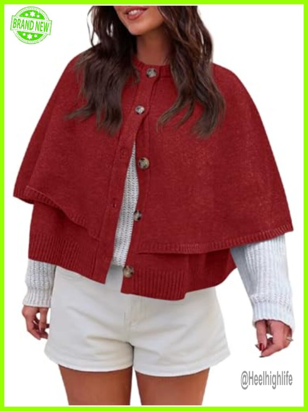 Women's Cropped Cape Cardigan Button Up Crew Neck Knit Sweater